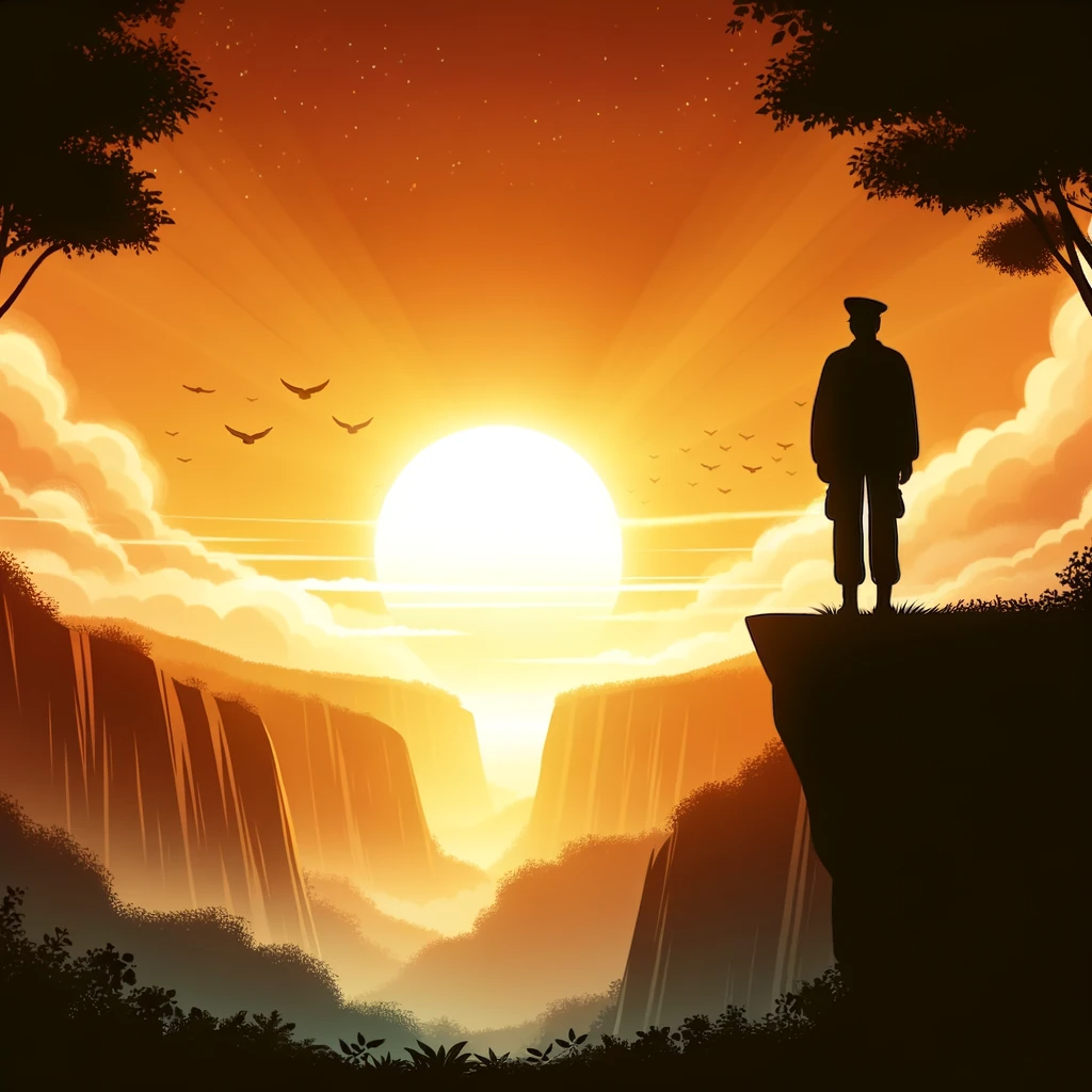 Illustration of a silhouetted Veteran standing at the edge of a cliff, looking out at a sunrise, symbolizing hope and a new beginning.