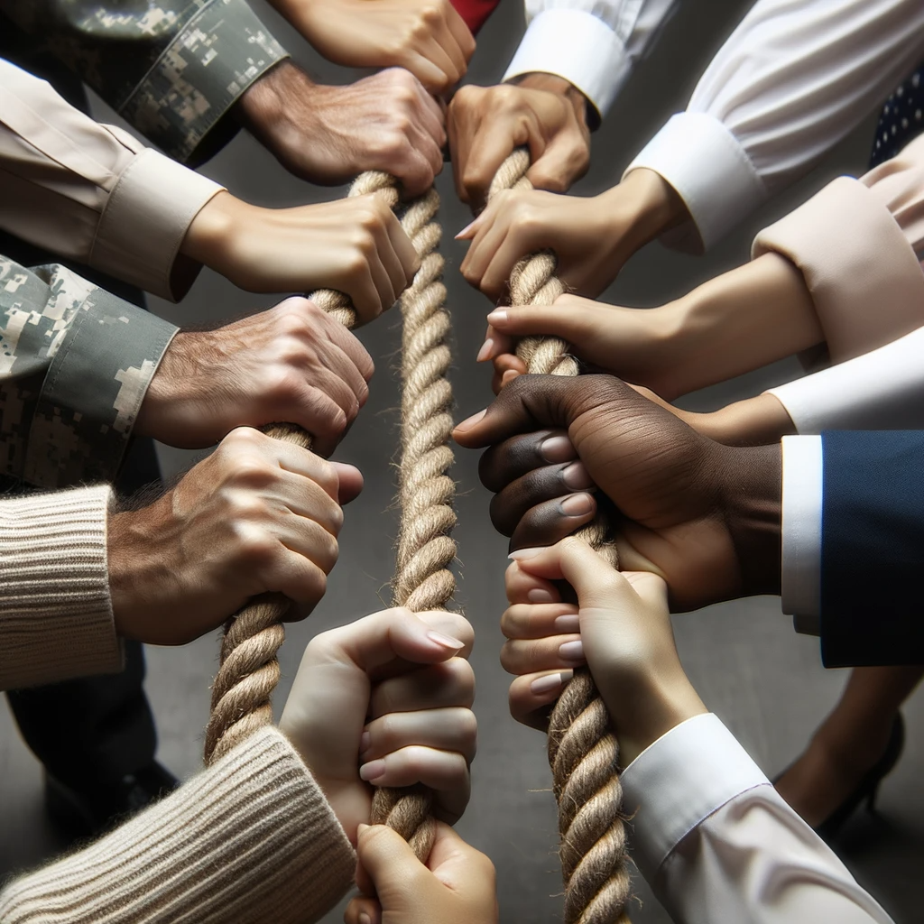 Photo of diverse hands holding onto a rope, pulling together, representing the collective effort to support and uplift Veterans.